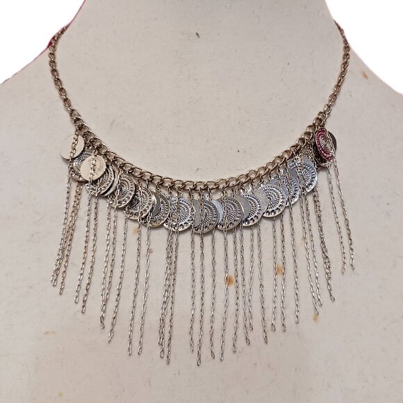 Hand Crafted Jewelry - Handmade Silver Gypsy Coin Fringe Choker Necklace Boho Hippie Festival